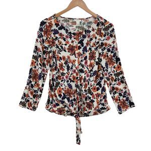 Caslon Blouse Top Womens Petite 2XS Multi Floral Cotton Blend Tie Hem Pullover